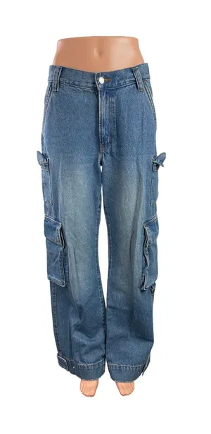Oak + Fort Womens Blue High Waisted Straight Wide Leg Cargo Denim Jeans Pants 26 thumbnail 1
