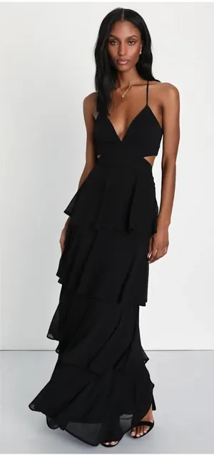 Lulus Tier and Now Black Tie-Back Tiered Maxi Dress thumbnail 1