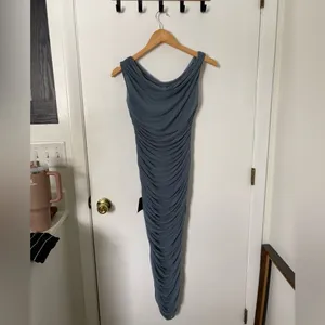 Lulus Sunama Slate Blue Mesh Ruched Bodycon Midi Dress Size Medium NWT Cocktail thumbnail 5