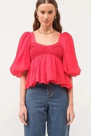 Sofie the label Red Puff Sleeve Smocked Ruffle Cropped Top Square Neck Size S thumbnail 1