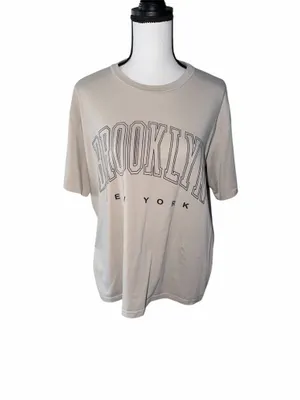 SHEIN Brooklyn New York Oversized Graphic Tee Beige Retro Block Letter Shirt thumbnail 2