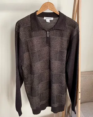 Vintage Checkered Grid Print Speckled Polo Neck Collared Quarter Zip Sweater in Chocolate Brown thumbnail 2