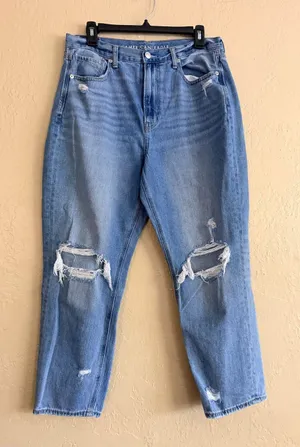 American Eagle Outfitters Light Blue Distressed High-Rise Mom Jeans 12 Short thumbnail 1