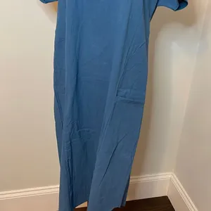 La Mode | Blue Short-Sleeve Jewel-Collar Pocket Midi Dress - Women Dress. Size L thumbnail 3