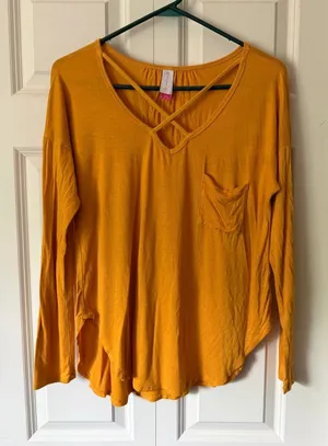 No Boundaries Mustard Yellow Crisscross V-Neck Long Sleeve Top thumbnail 1