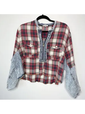 Prómesa plaid denim patchwork quarter zip collared pullover top S thumbnail 6
