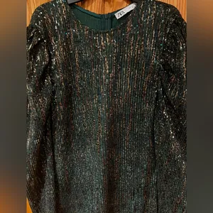 ZARA Sequin Puff Long Sleeve Special Limited Edition Emerald Green &‎ Gold Dress thumbnail 7