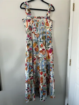 White Red Fruit Novelty Print Smocked Tiered Midi Dress Large Mediterranean thumbnail 7