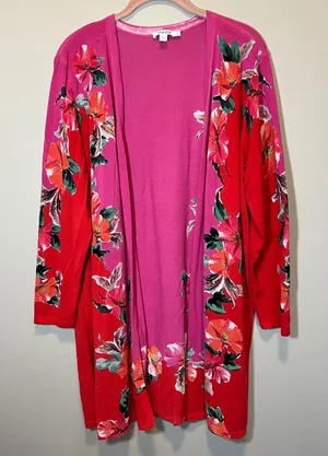 Chico's Floral Colorblock Open Front Cardigan Pink Red Longline Sweater XL‎ thumbnail 1