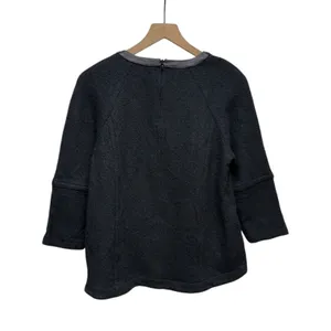 Madewell Sweater Women Sz L Black Wool Leather Trim Zipper Pullover 3/4‎ Sleeve thumbnail 3