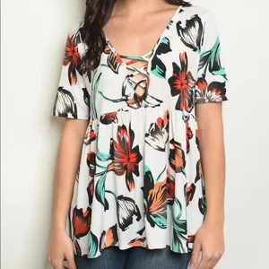 Floral Lace Up Babydoll Top Short Sleeve V Neck Stretch Blouse Size Small thumbnail 2