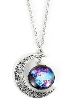 Galaxy & Silver Moon Dangle Pendant Necklace thumbnail 2