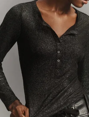 Anthropologie Pilcro Andie Ribbed Spotlight Henley Small Black Metallic Long Sleeve Goth Party thumbnail 1