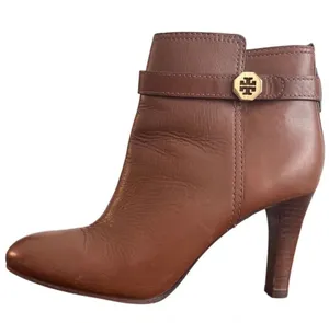 Tory Burch Cognac Leather Logo Strap Ankle Booties Stiletto Heel Size 8 thumbnail 1