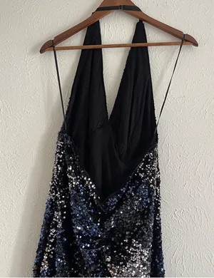 FREE PEOPLE Glitter & Gold Midi Sequined Halter Dress Size L Open Back thumbnail 6