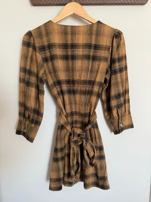 Free People English Rose Plaid Mini Dress Linen Blend Size 2 thumbnail 5