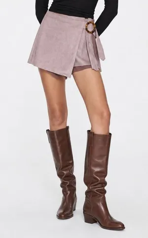 Suede Wrap Skort Tortoise Buckle Y2K Mini Shorts Zara XS Taupe Mauve thumbnail 1