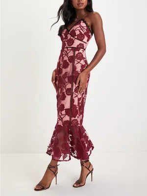 Lulus Alluring Dream Burgundy Floral Mesh Lace Trumpet Midi Dress thumbnail 3