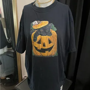 Soffe Vintage Halloween Black Cat Pumpkin Graphic Tee shirt Tshirt thumbnail 2