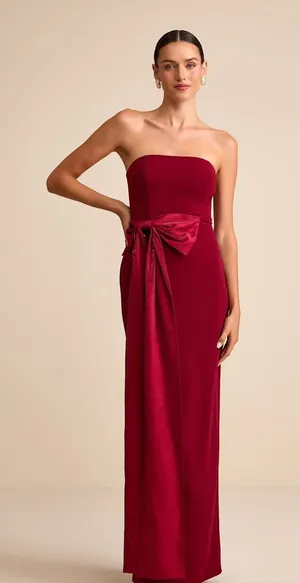 Lulus Marvelous Vision Red Strapless Bow Column Maxi Dress Formal Medium NWT thumbnail 1