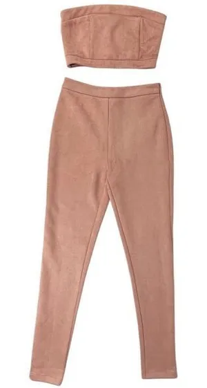 L'Atiste By Amy Light Brown‎ Taupe Faux Suede Crop Tube Top Pants Set Size Small thumbnail 1