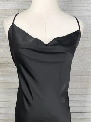 FOREVER 21 Black Satin Drape Neck Slip Dress Strappy Back & Side Slit-Large thumbnail 2