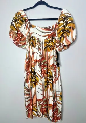 Hayden Los Angeles Puff Sleeve Mini Dress Small Botanical‎ Tropical Flowy Floral thumbnail 1