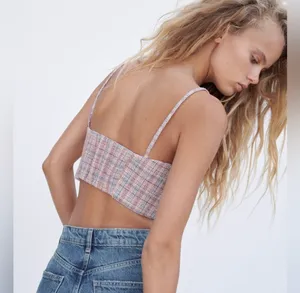ZARA NWT Tweed Boucle Knit Corset Crop Top Bralette Pink & blue metallic accent Sz Large thumbnail 3