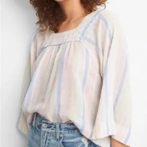 Gap Linen Square-Neck Top Womens Small White 3/4 Sleeve Beachy Flowy Stripe‎ thumbnail 1