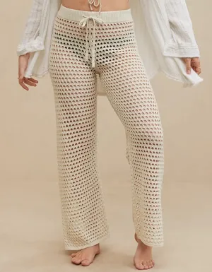 Aerie Cream Crochet Wide Leg Vacay Pants thumbnail 1
