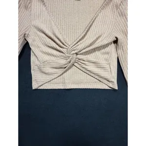 SHEIN Women's Beige Ribbed‎ Twist Front Long Sleeve Crop Top XS thumbnail 4