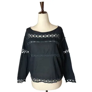 Pam &‎ Gela Shirt Women Small Black Cotton Crochet Lace Top Boho Peasant Gothic thumbnail 2
