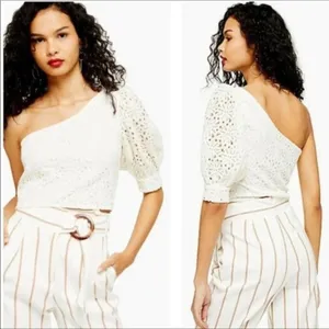 TopShop One Shoulder Floral Lace Puff Sleeve Top 4 White Ivory Autumn v6x Cream thumbnail 2