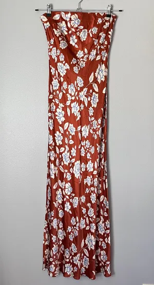 Bec + Bridge Blossom Strapless Satin Floral Cowl Back Maxi Dress Rust Red thumbnail 2