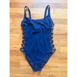 Tory Burch One Piece Swimsuit Navy‎ Blue Lattice Side Strappy Size Medium thumbnail 2