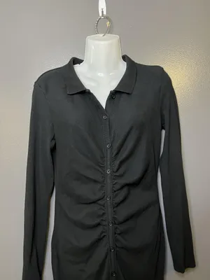 Zara Shirt Dress Womens Large Black Ruched Button Front Collared Knit Midi thumbnail 1