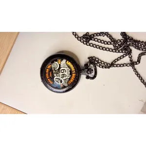 Route 66 Pocket Watch Quartz Movement With Chain Necklace Black Vintage Style thumbnail 6