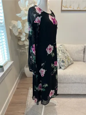 Lulus Once And Flor All Black Floral Print Long Sleeve Woman’s Midi Dress size L thumbnail 5