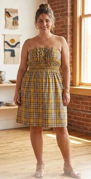 Maeve (Anthropologie)Yellow Plaid Strapless Sundress with Ruffle Front thumbnail 1
