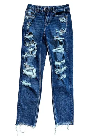 American Eagle Women’s Dark Wash Ripped Mom Jeans| Size: 4 long thumbnail 2