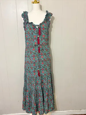 Natural Life Maddie Maxi Dress Turquoise Pink Floral Ruffle Boho Size M thumbnail 2