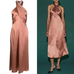 Reformation Maddison Silk Dress Praline Pink Brown Halter Midi Womens 12 NEW thumbnail 2