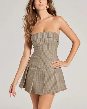 Windsor Strapless Plaid Pleated Mini Dress thumbnail 1