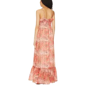 By TiMo Smocked Maxi Dress Floral Chiffon Ruffle Thin Straps Orange Medium NWOT thumbnail 5