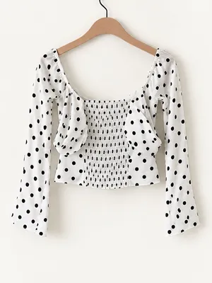 Reformation Ivory With Black Polka Dot Satin Wrap Cropped Long Bell Sleeve Top thumbnail 5