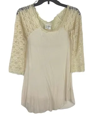 Free People Cream Lace Sleeved Romantic Fairycore Regencycore Ribbed Top thumbnail 1