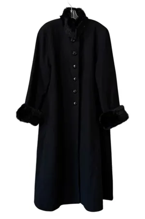 DONNYBROOK Women Size 14‎ Long Full Length Wool Coat Faux Fur Trim Black Buttons thumbnail 1