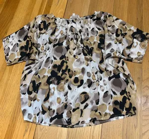 Ann Taylor LOFT Abstract Animal Print Tie Neck Blouse Tan Brown Black Womens M‎ thumbnail 1