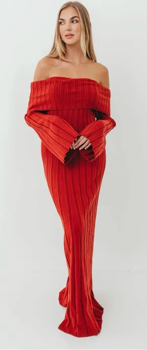 Worth Collective Evella Maxi Dress in Red Bump Friendly Rust Ribbed Knit XS thumbnail 1