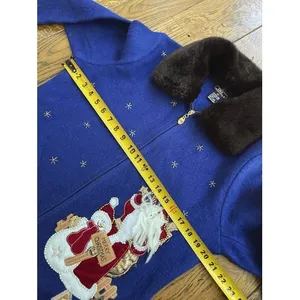Lisa International Women's M Blue Boiled Wool Zip Jacket w/ Santa Ugly Sweater thumbnail 5